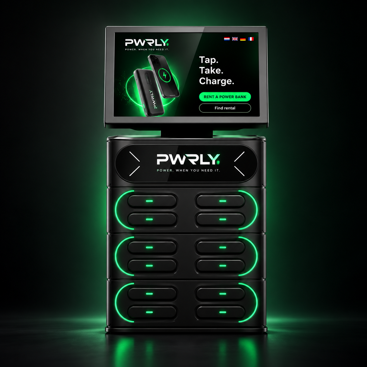Het PWRLY powerbankstation met 12 powerbanks en touchscreen